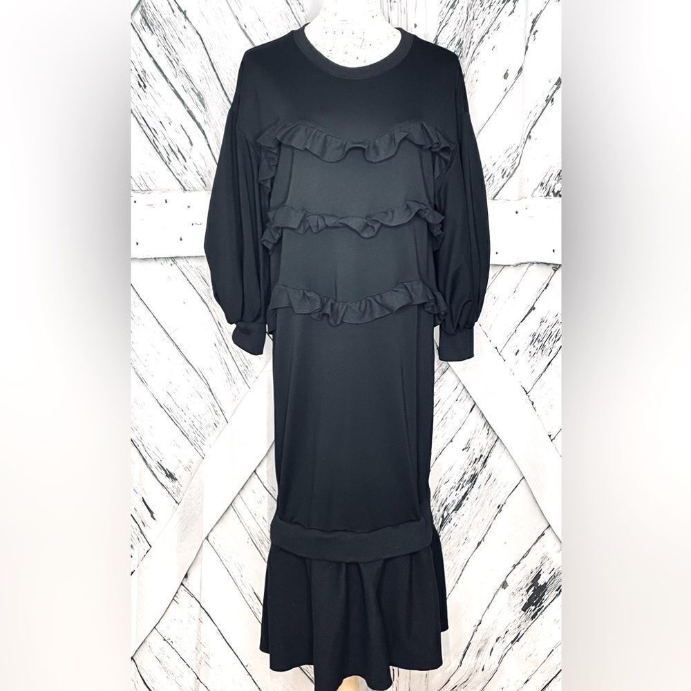 NWT Kosmios Dress Midi Ruffles Puffy Sleeves Black Oversized Small